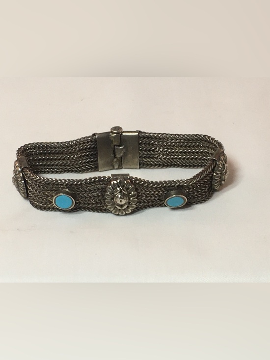 Jewelry - Woven Silver-Tone Bracelet with Turquoise Cabochons